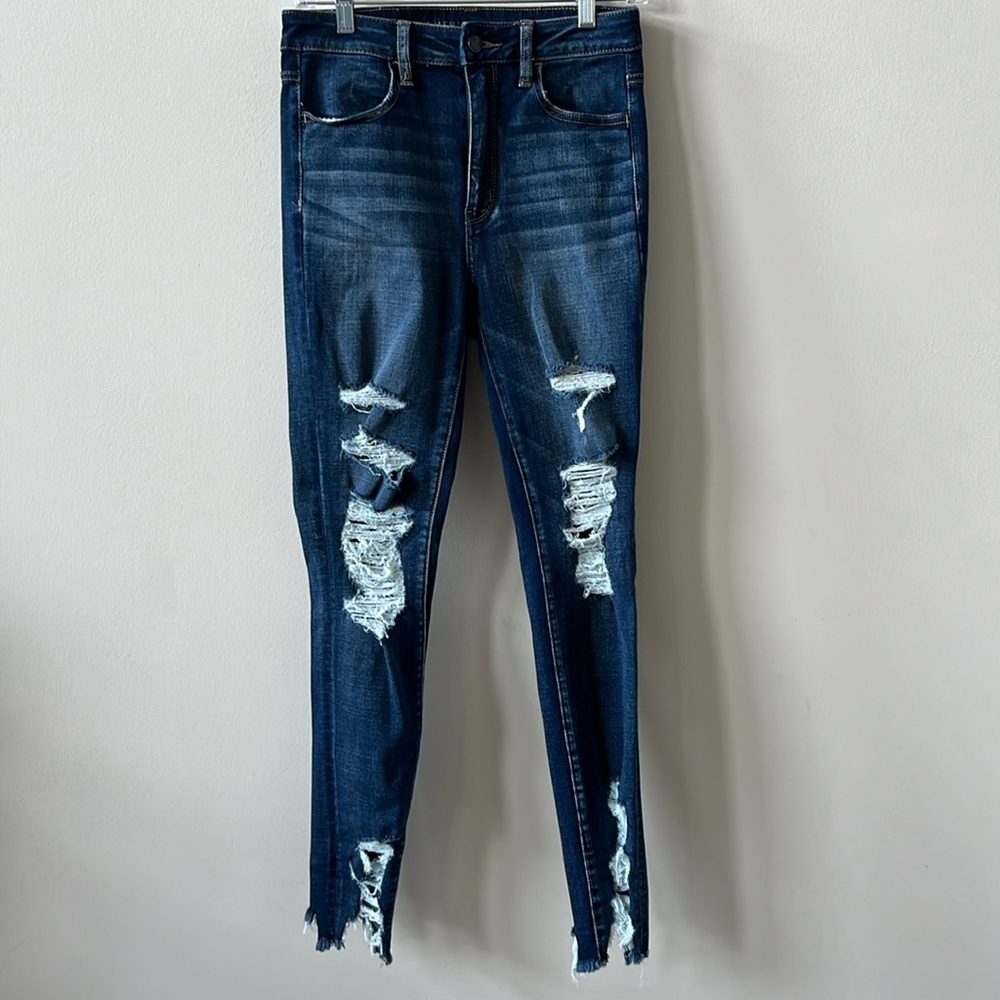 AEO American Eagle Super High Rise Jegging Ripped Distressed Dark Wash Size 6